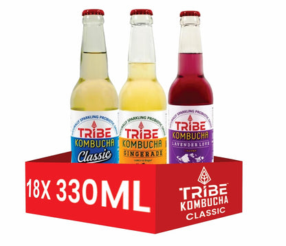 Tribe Kombucha Naturally Sparkling Herbal Classic, Gingerade & Lavender Probiotic Super Drink, 330ML