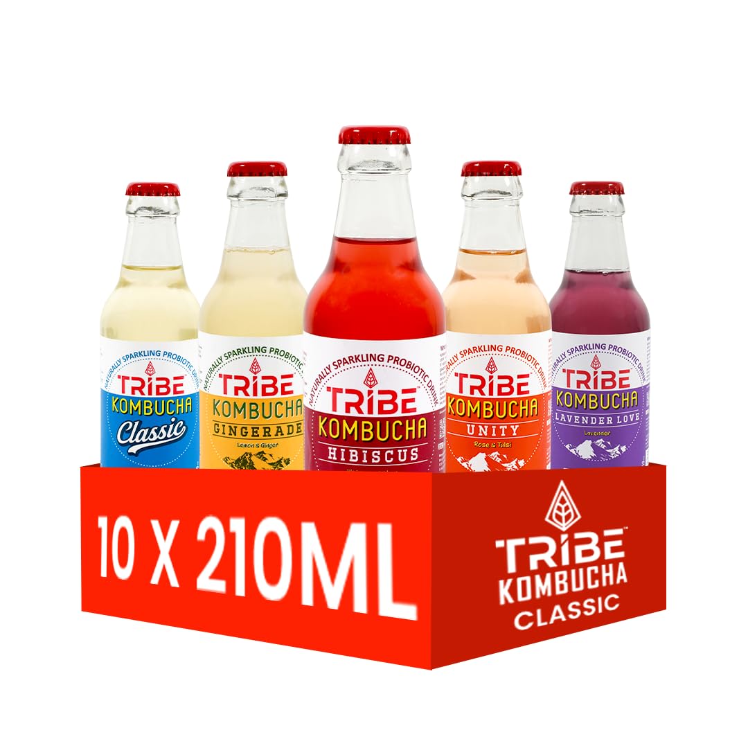 Tribe Kombucha Naturally Sparkling Herbal Classic, Gingerade, Hibiscus, Unity & Lavender Probiotic Super Drink, 210ML