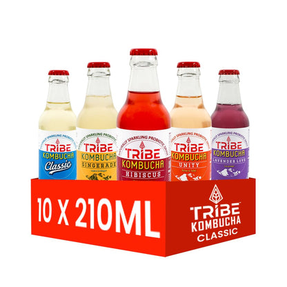 Tribe Kombucha Naturally Sparkling Herbal Classic, Gingerade, Hibiscus, Unity & Lavender Probiotic Super Drink, 210ML