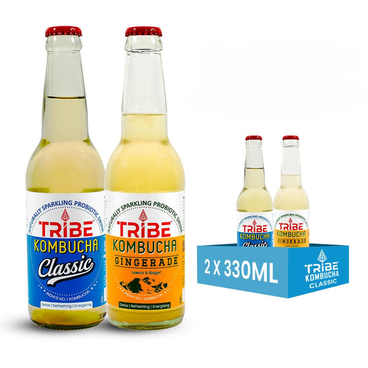 Tribe Kombucha Naturally Sparkling Herbal Classic & Gingerade Probiotic Super Drink, Gluten free, 330ML