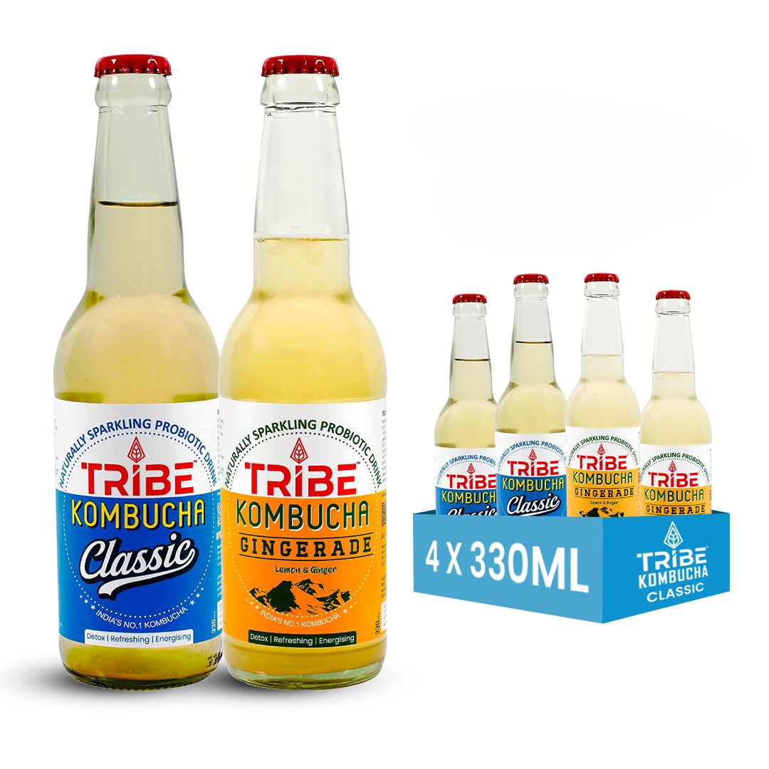 Tribe Kombucha Naturally Sparkling Herbal Classic & Gingerade Probiotic Super Drink, Gluten free, 330ML