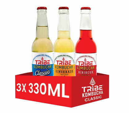 Tribe Kombucha Naturally Sparkling Classic, Gingerade, Hibiscus Probiotic Herbal Drink, 330ML