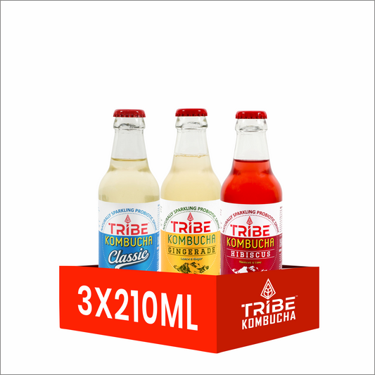 Tribe Kombucha Naturally Sparkling Herbal Classic, Gingerade & Hibiscus Probiotic Super Drink, 210ML