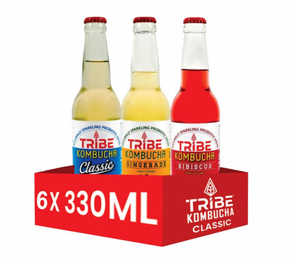 Tribe Kombucha Naturally Sparkling Classic, Gingerade, Hibiscus Probiotic Herbal Drink, 330ML