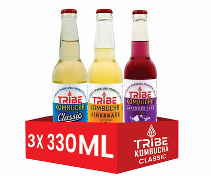 Tribe Kombucha Naturally Sparkling Herbal Classic, Gingerade & Lavender Probiotic Super Drink, 330ML