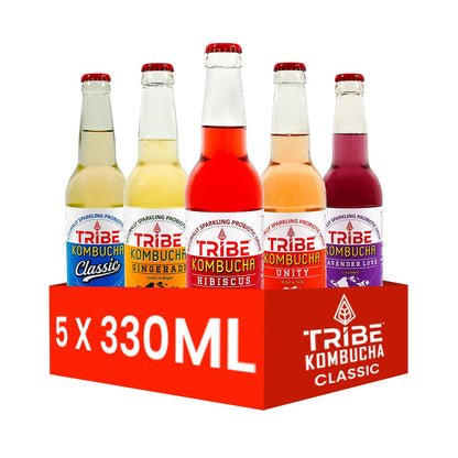 Tribe Kombucha Naturally Sparkling Herbal Classic, Gingerade, Hibiscus, Unity, & Lavender Probiotic Super Drink, 330ML