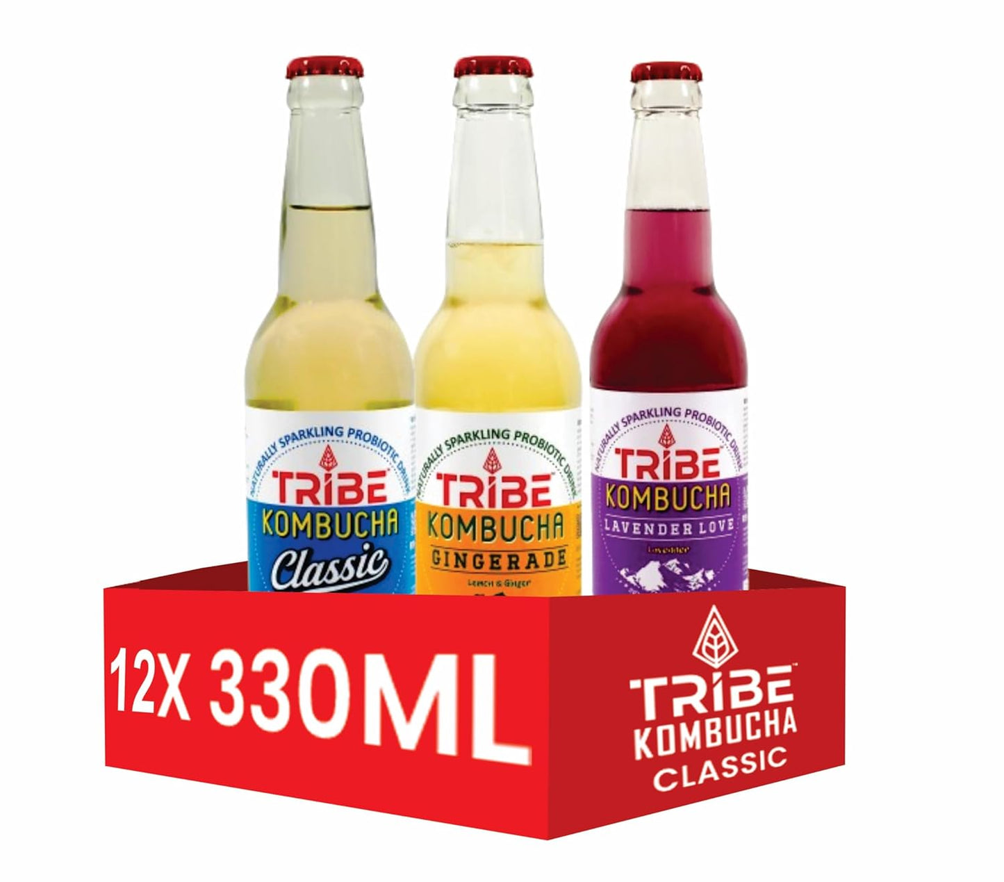 Tribe Kombucha Naturally Sparkling Herbal Classic, Gingerade & Lavender Probiotic Super Drink, 330ML