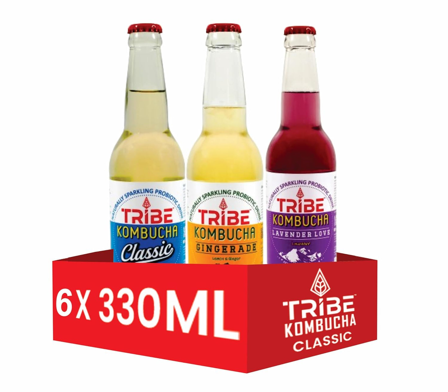 Tribe Kombucha Naturally Sparkling Herbal Classic, Gingerade & Lavender Probiotic Super Drink, 330ML