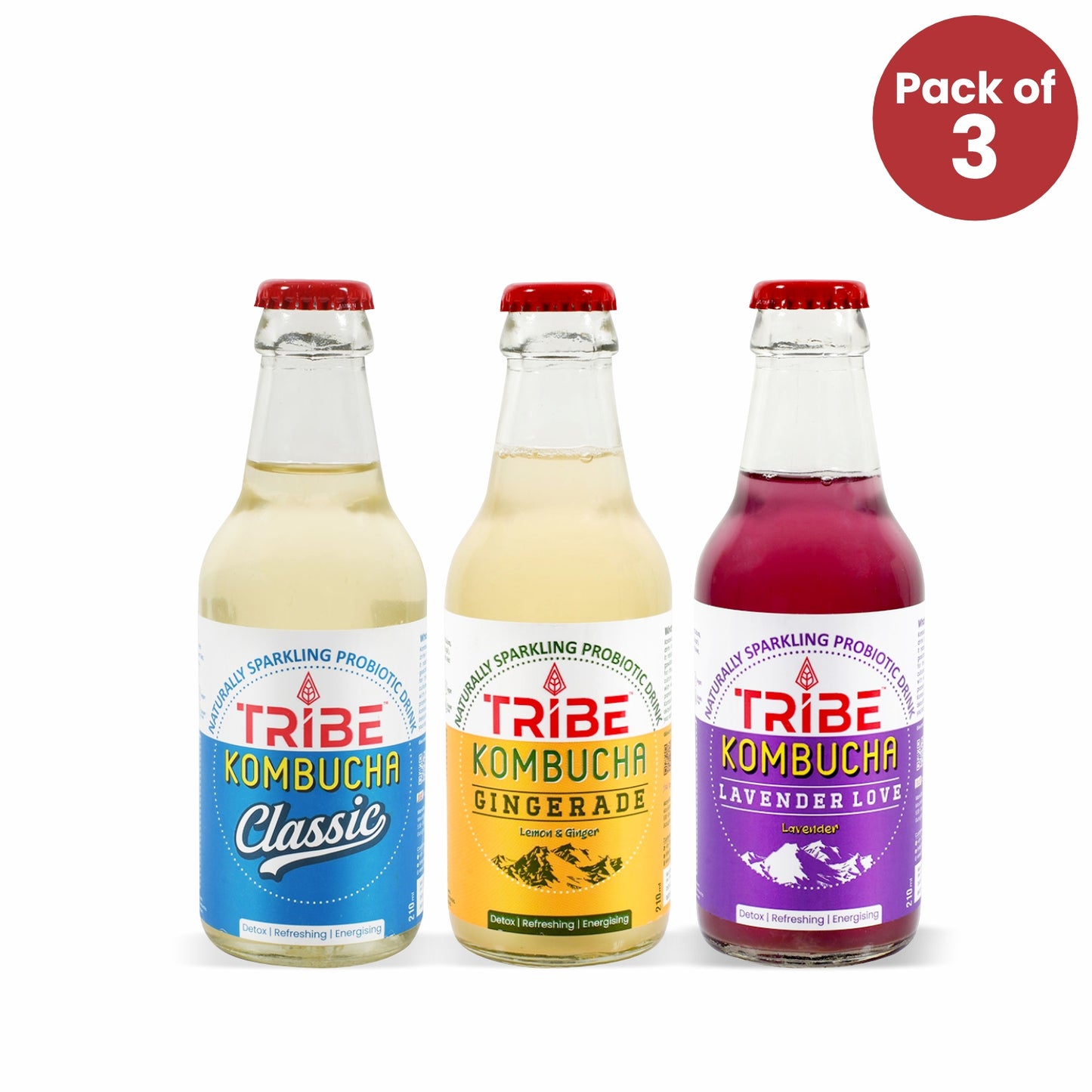 Tribe Kombucha Naturally Sparkling Probiotic Herbal drink Classic +Gingerade + Lavender Gluten free 210 ML