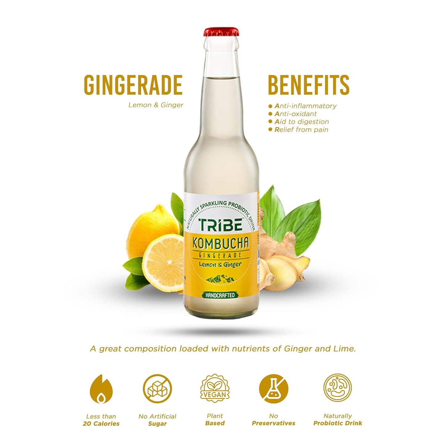 Tribe Kombucha Naturally Sparkling Herbal Gingerade & Unity Probiotic Super Drink, 330ML