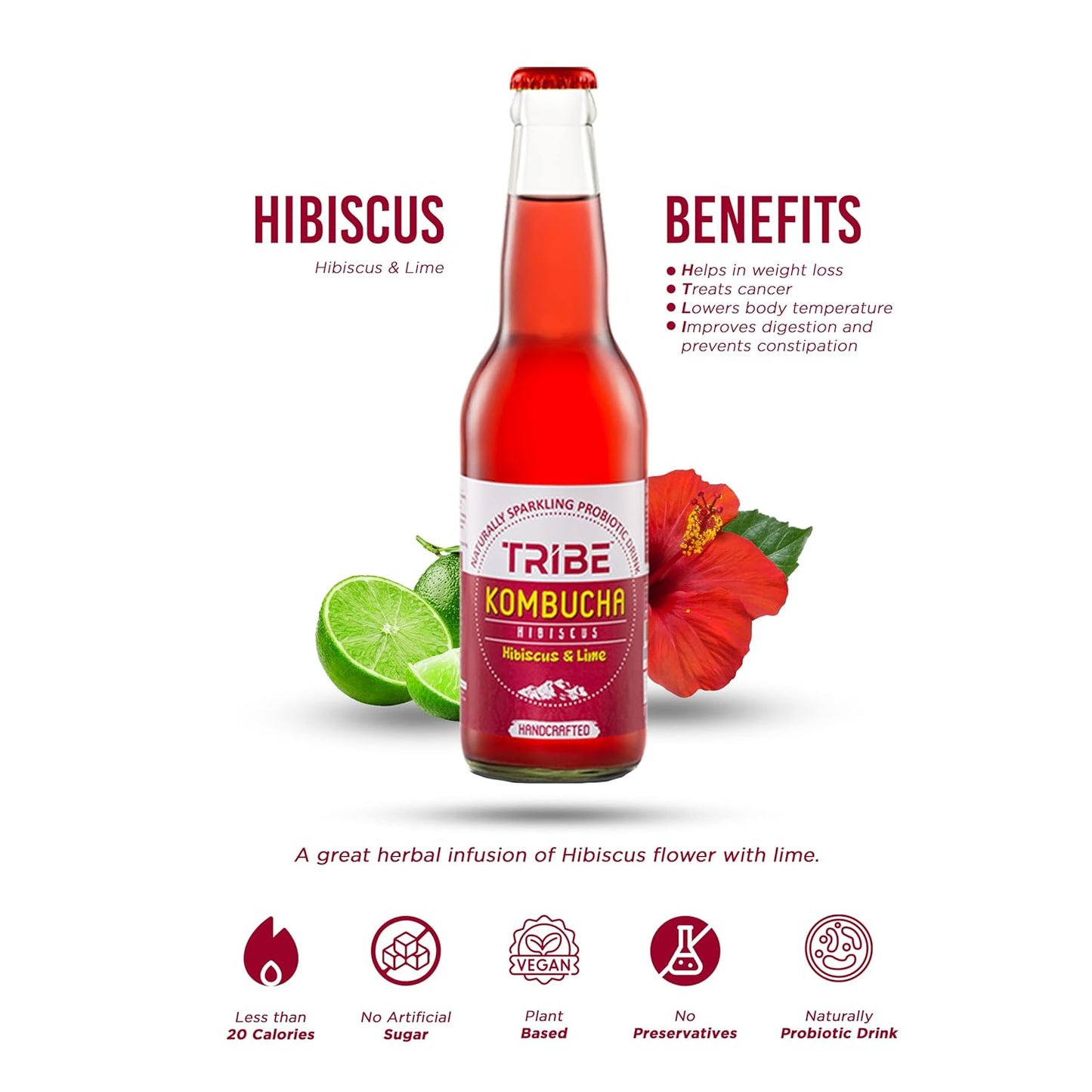 Tribe Kombucha Naturally Sparkling Herbal Classic & Hibiscus Probiotic Super Drink, 330ML