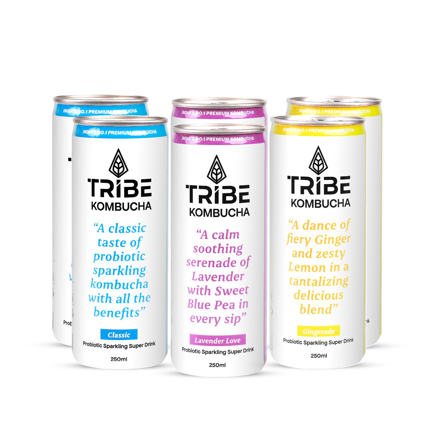 Tribe Kombucha Naturally Sparkling Classic, Lavender, Gingerade Probiotic Super Drink, 250ML