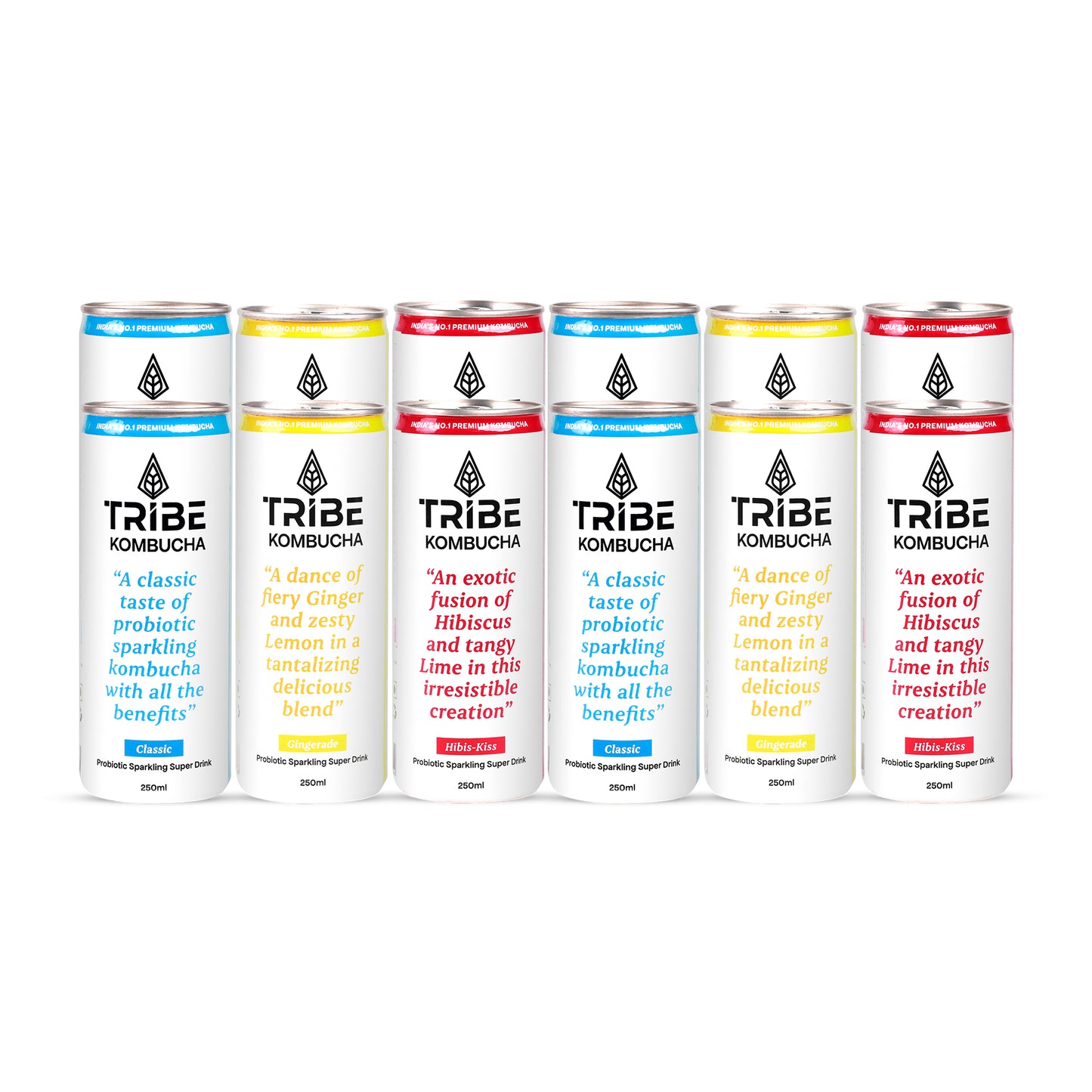 Tribe Kombucha Naturally Sparkling Classic, Gingerade & Hibiscus Probiotic Super Drink, 250ML