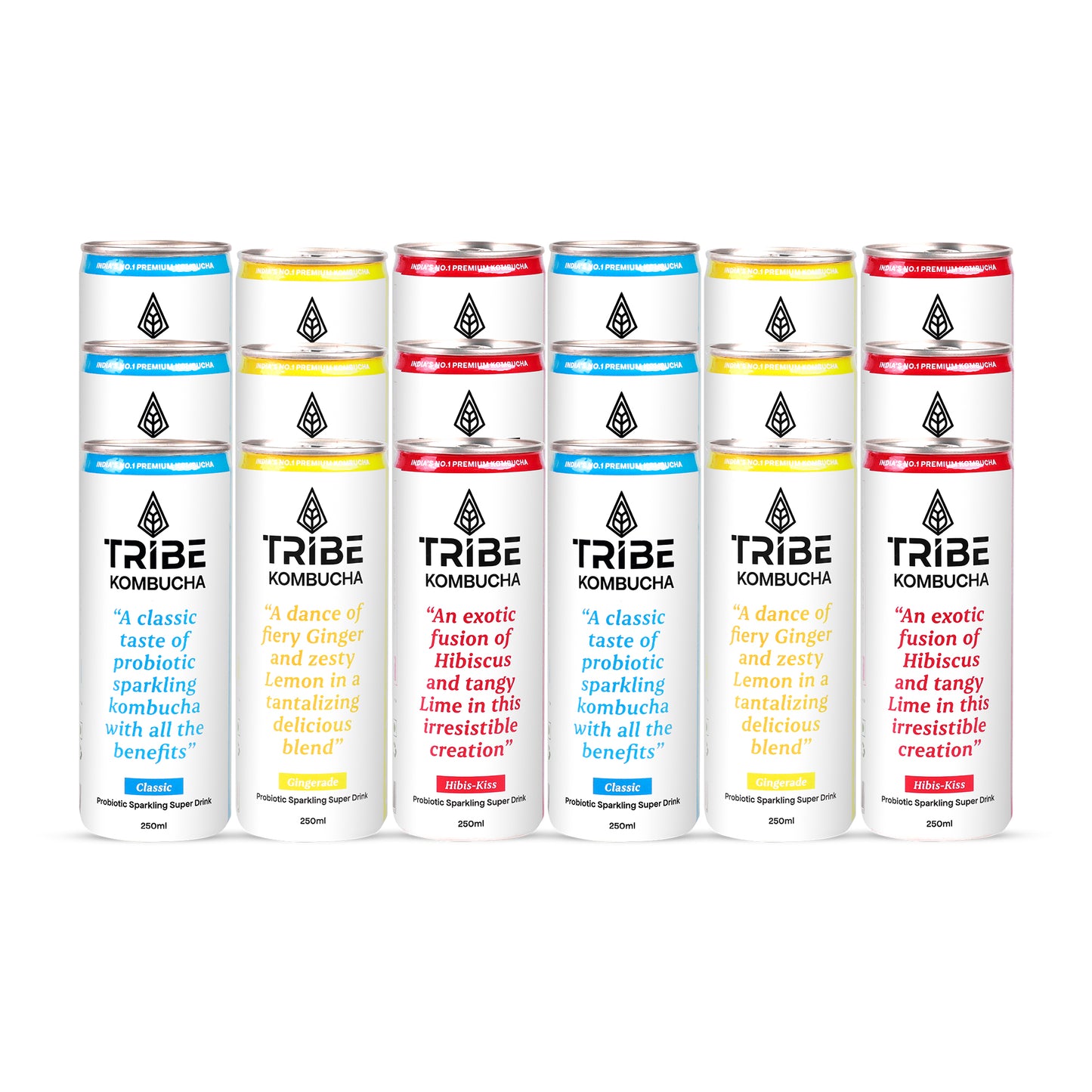 Tribe Kombucha Naturally Sparkling Classic, Gingerade & Hibiscus Probiotic Super Drink, 250ML