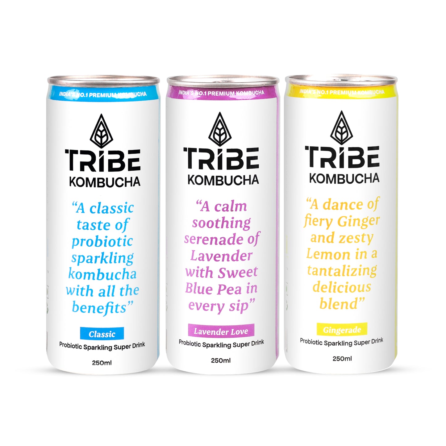 Tribe Kombucha Naturally Sparkling Classic, Lavender, Gingerade Probiotic Super Drink, 250ML