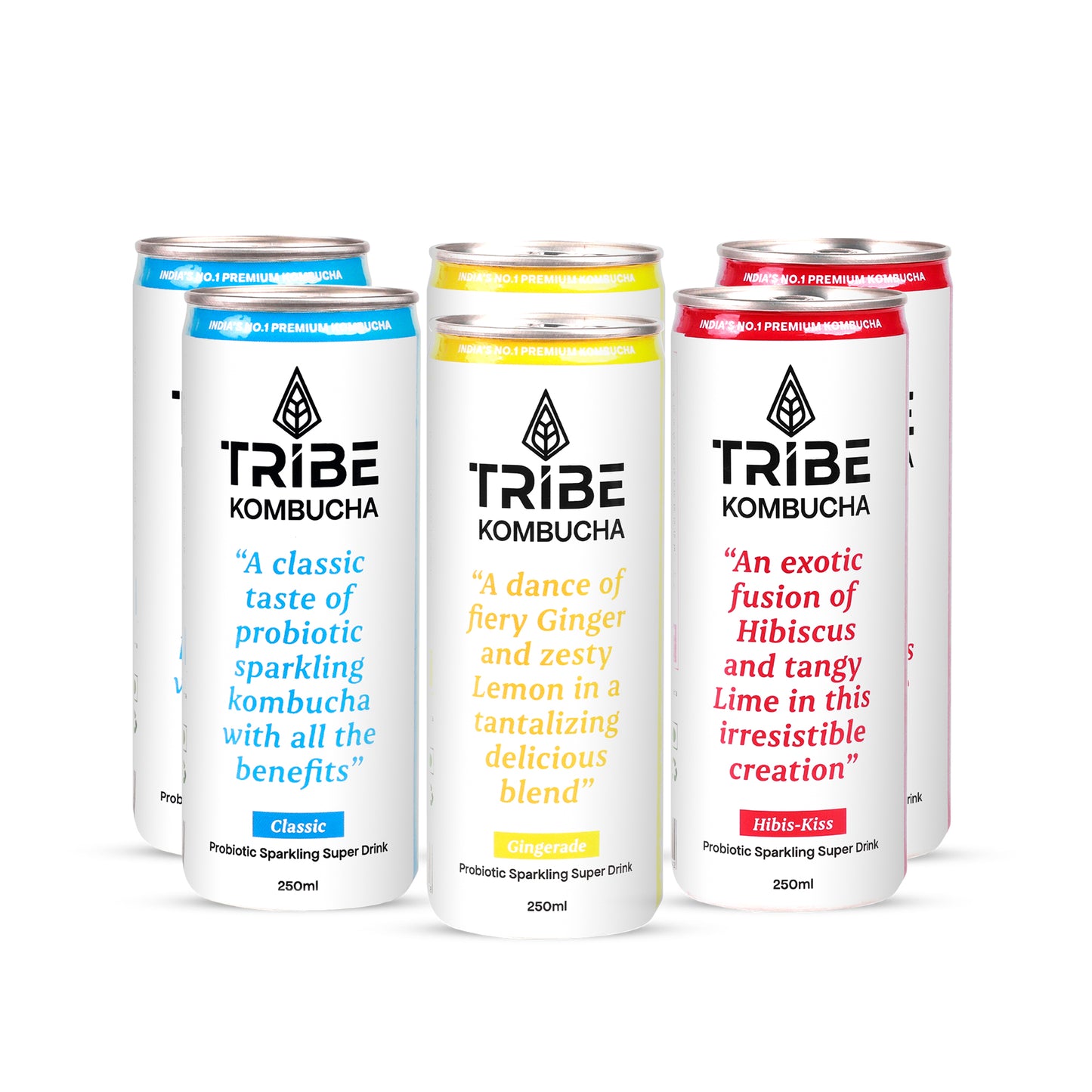 Tribe Kombucha Naturally Sparkling Classic, Gingerade & Hibiscus Probiotic Super Drink, 250ML